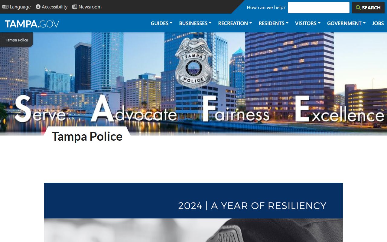 Tampa Police Department homepage related to bench warrant enforcement