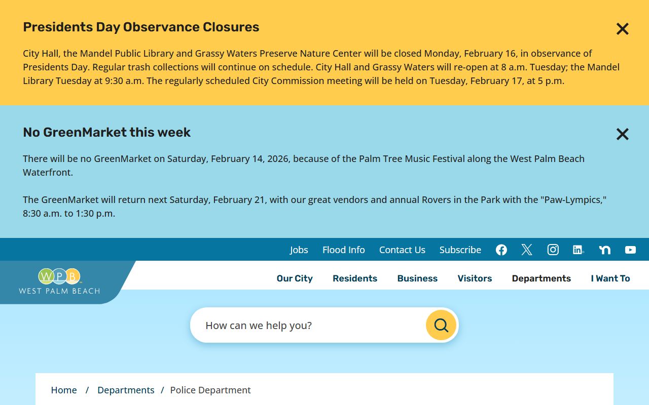 West Palm Beach Police Department website for bench warrant information