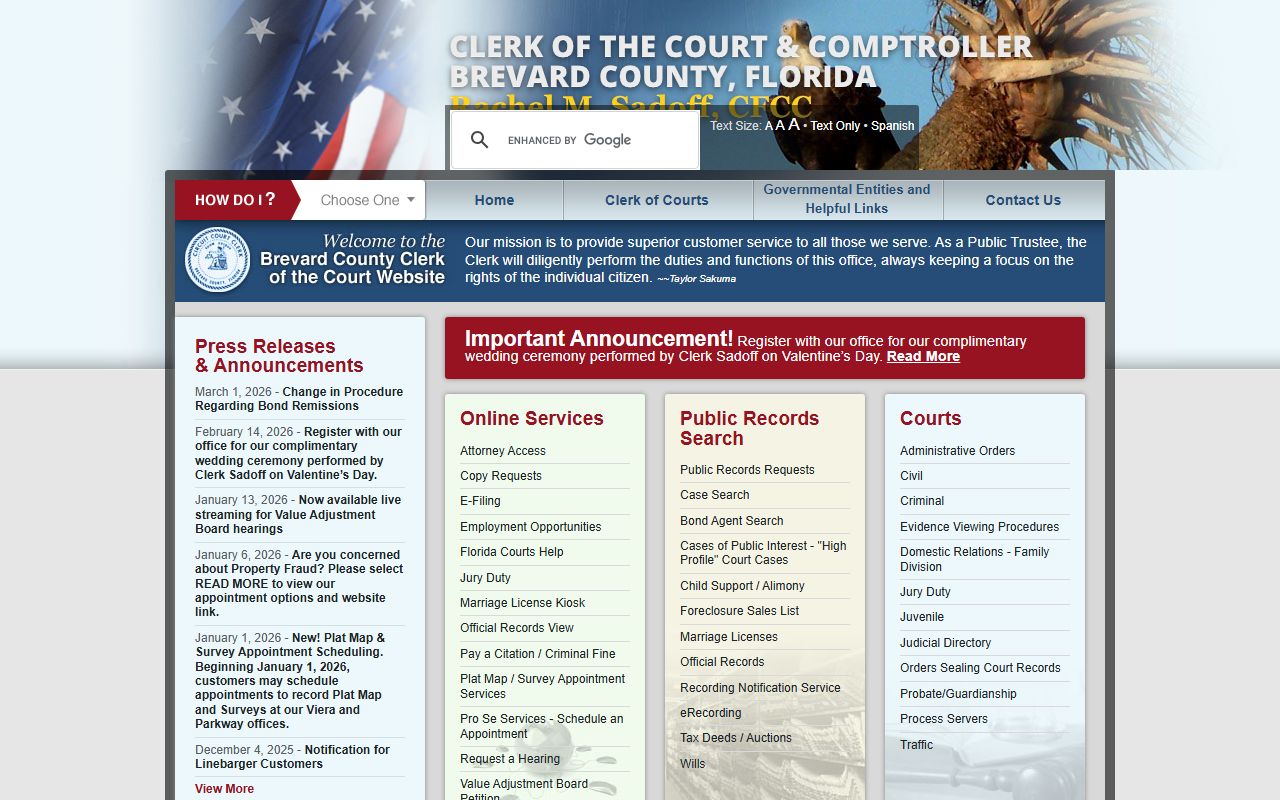 Brevard County Clerk of Court website for bench warrant records