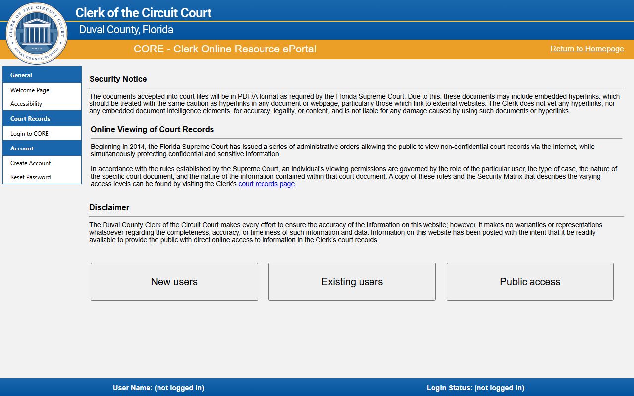 Duval County CORE database for searching bench warrants and court records