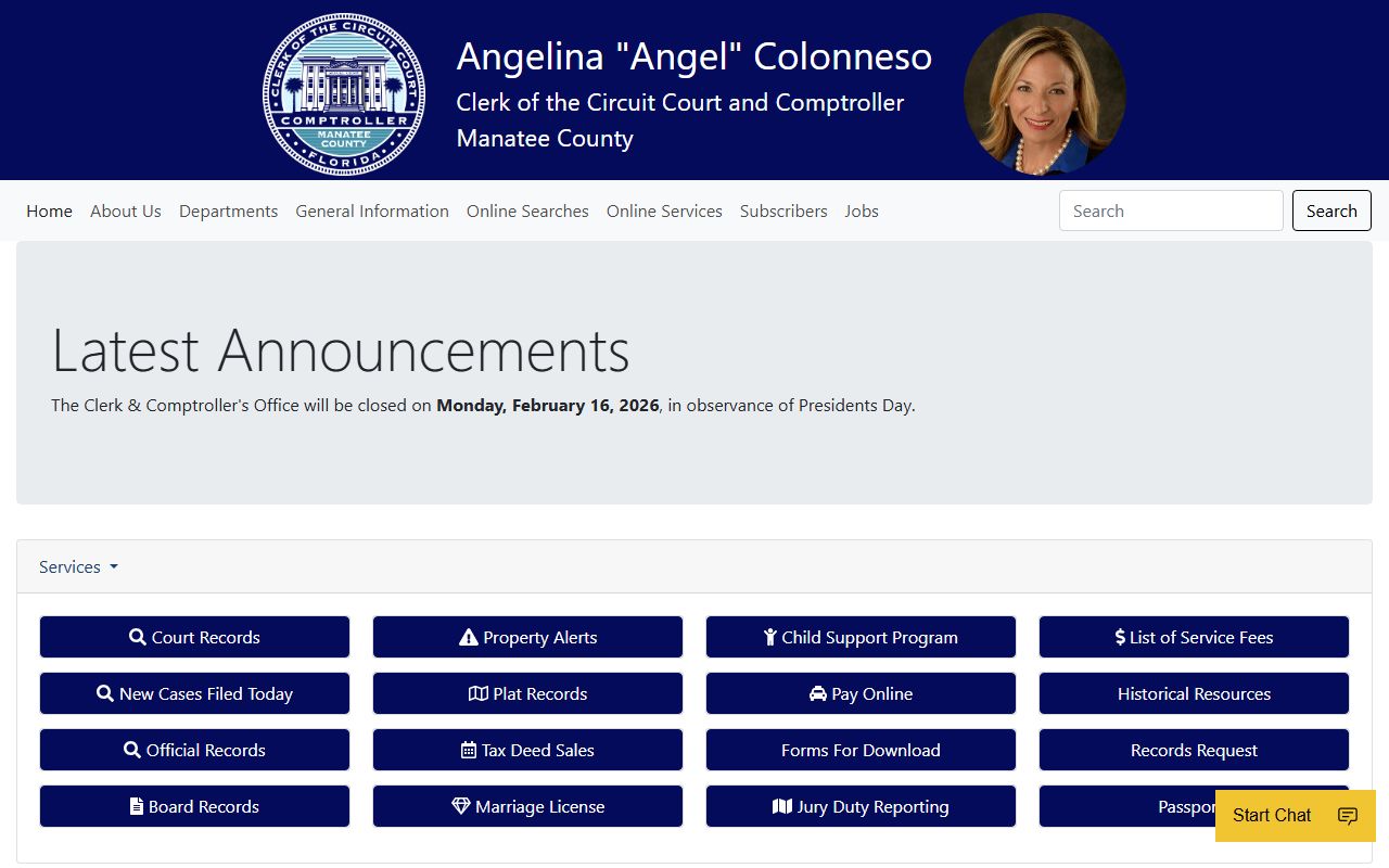 Manatee County Clerk of Court homepage for bench warrant searches