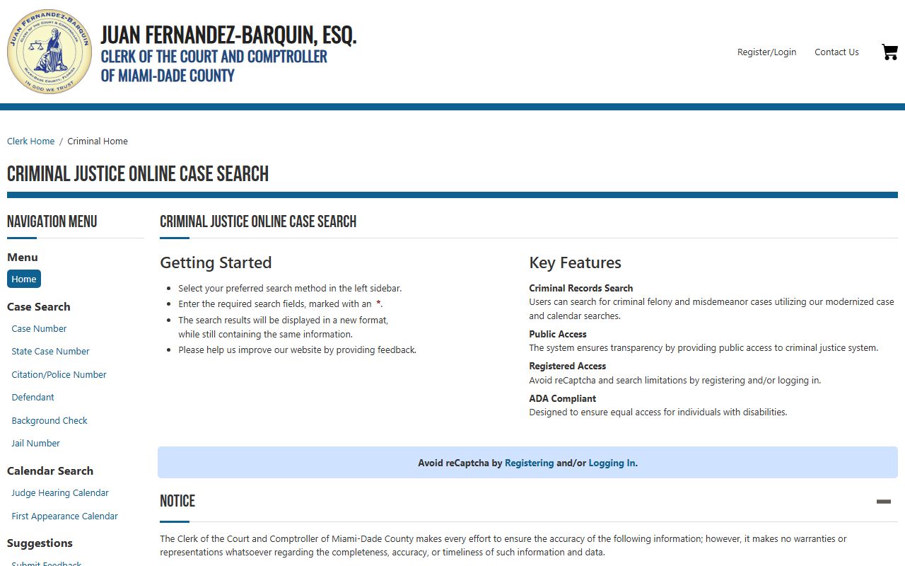 Miami-Dade County Clerk CJIS criminal justice search for bench warrants