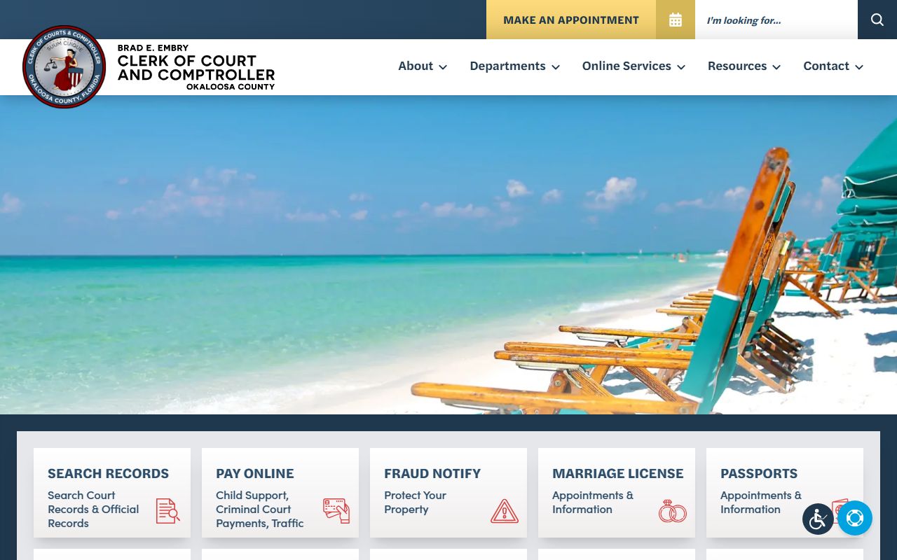 Okaloosa County Clerk of Court homepage for bench warrant searches