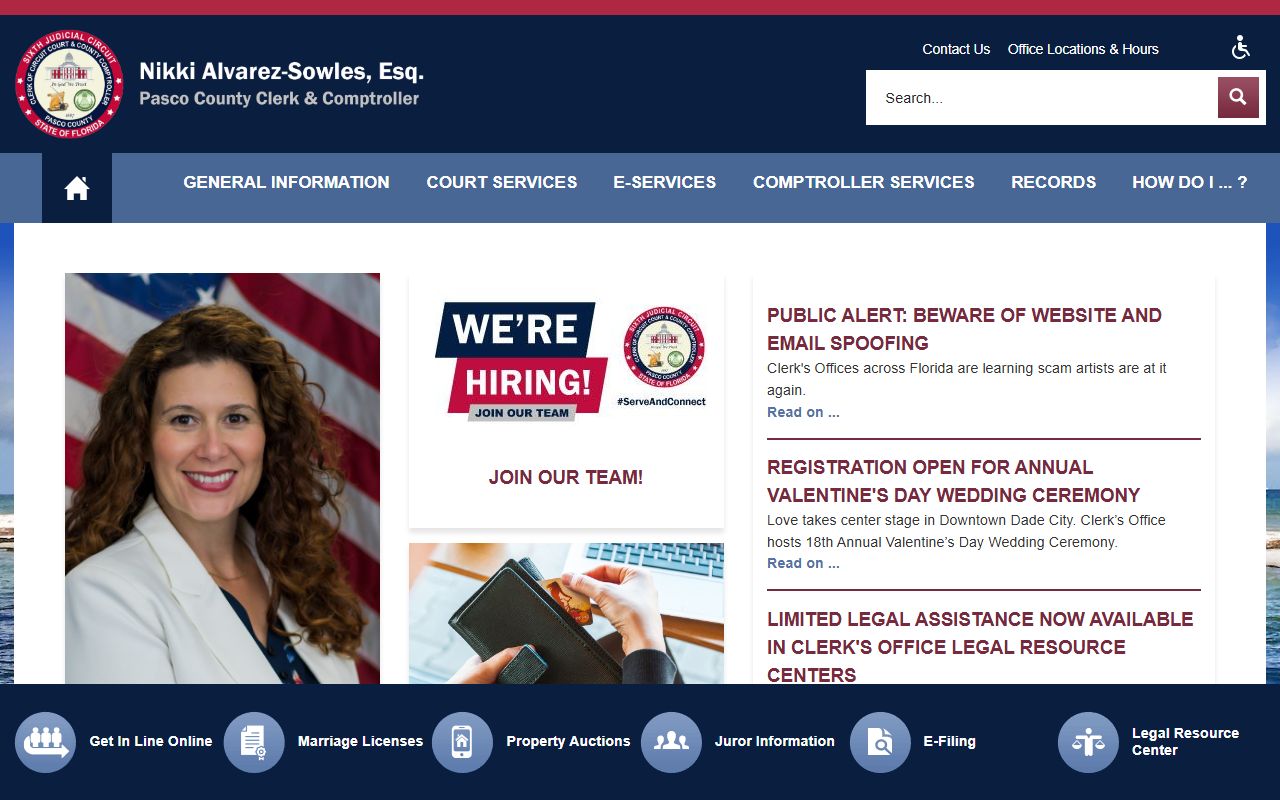 Pasco County Clerk of Court homepage for bench warrant searches