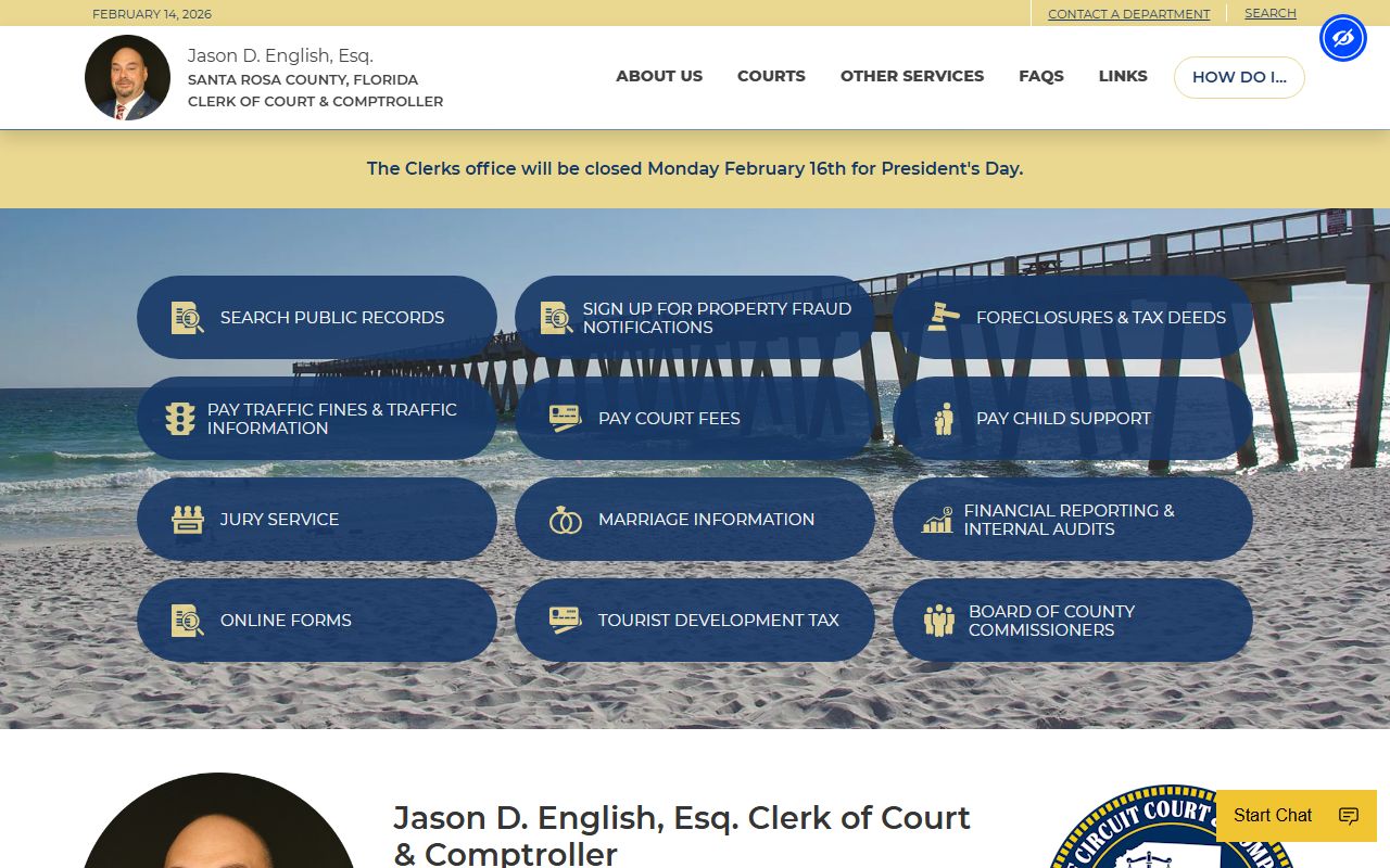 Santa Rosa County Clerk of Court homepage for bench warrant searches