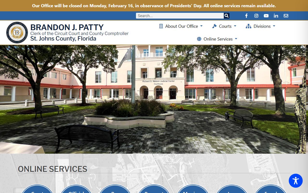 St. Johns County Clerk of Court homepage for bench warrant searches