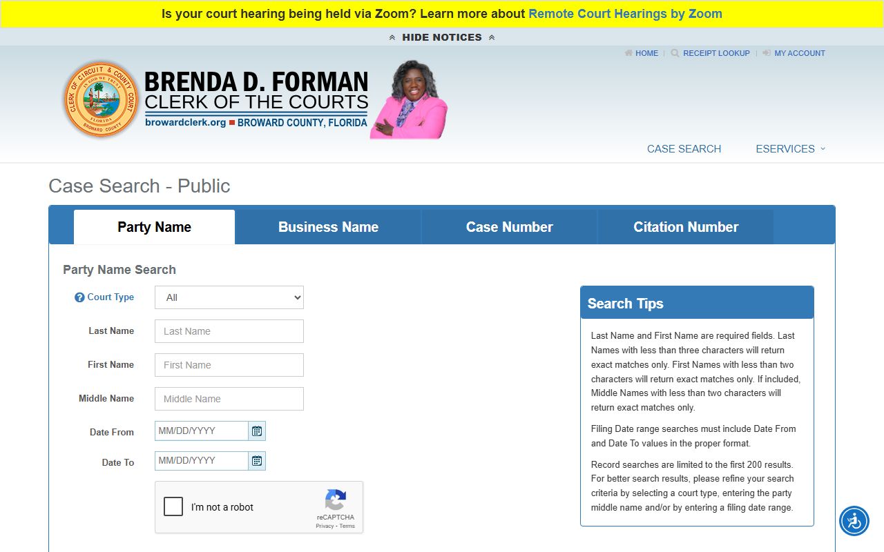 Broward County case search database for looking up bench warrants