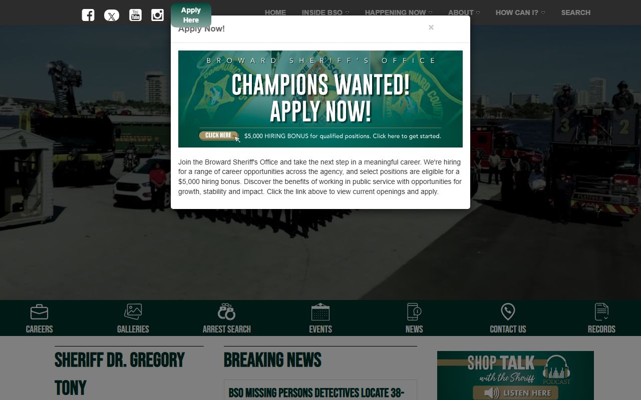 Broward Sheriff's Office website for bench warrant services