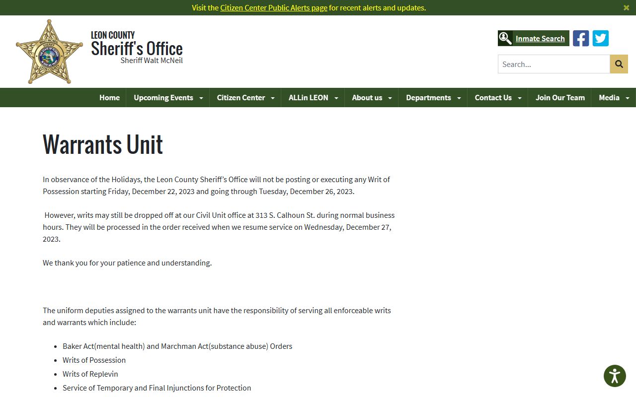 Leon County Sheriff warrants unit page for bench warrant lookups