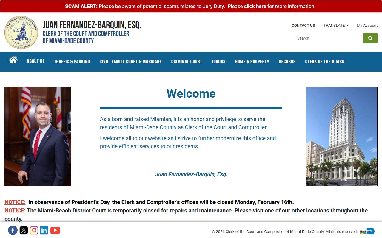 Miami-Dade County Clerk of Court homepage for bench warrant searches