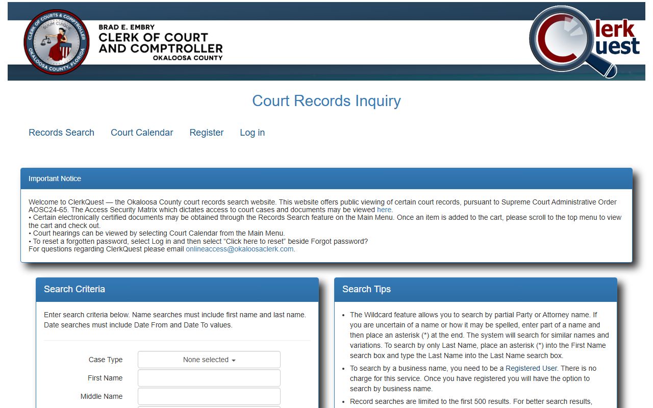 Okaloosa County ClerkQuest court records search for bench warrants