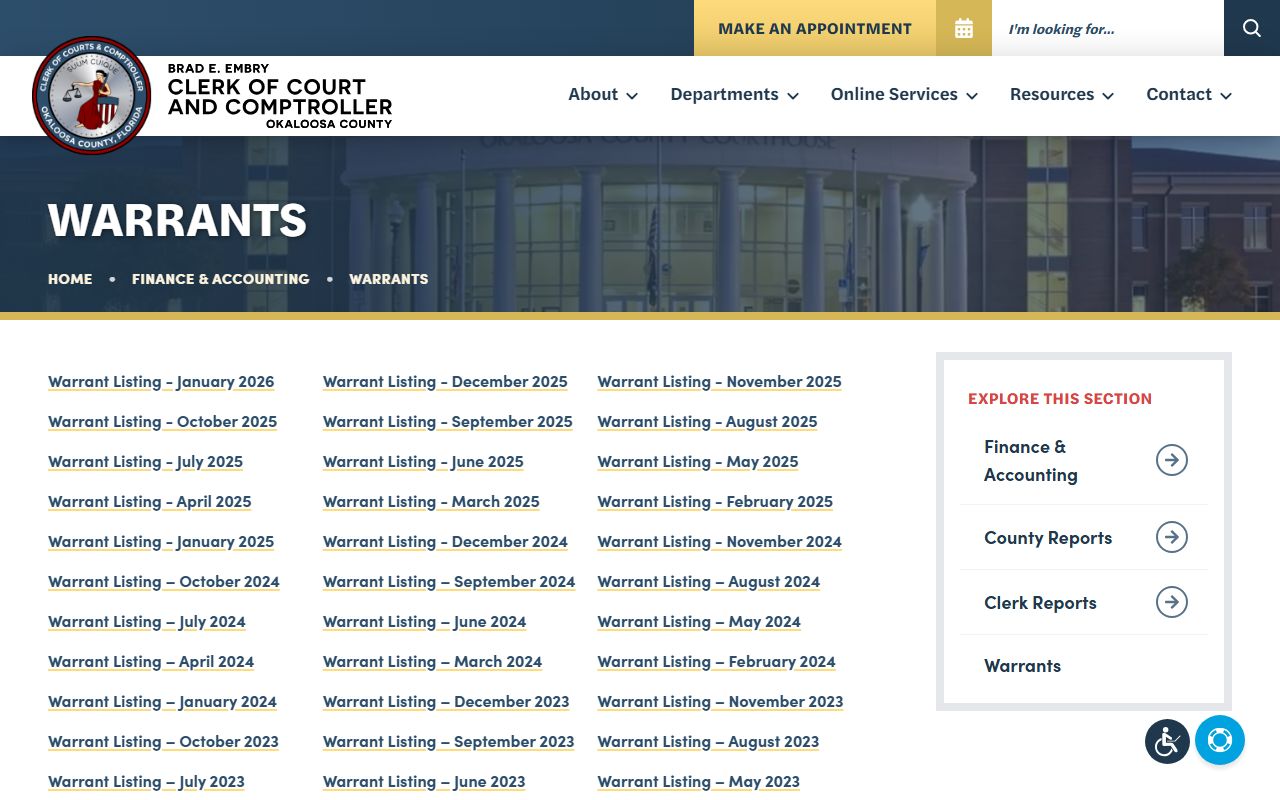 Okaloosa County Clerk warrants information page for bench warrants