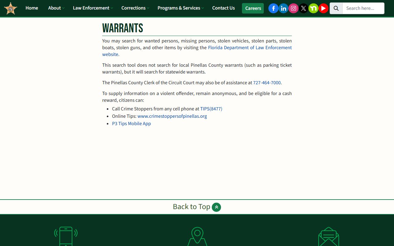 Pinellas County Sheriff warrants page for bench warrant searches