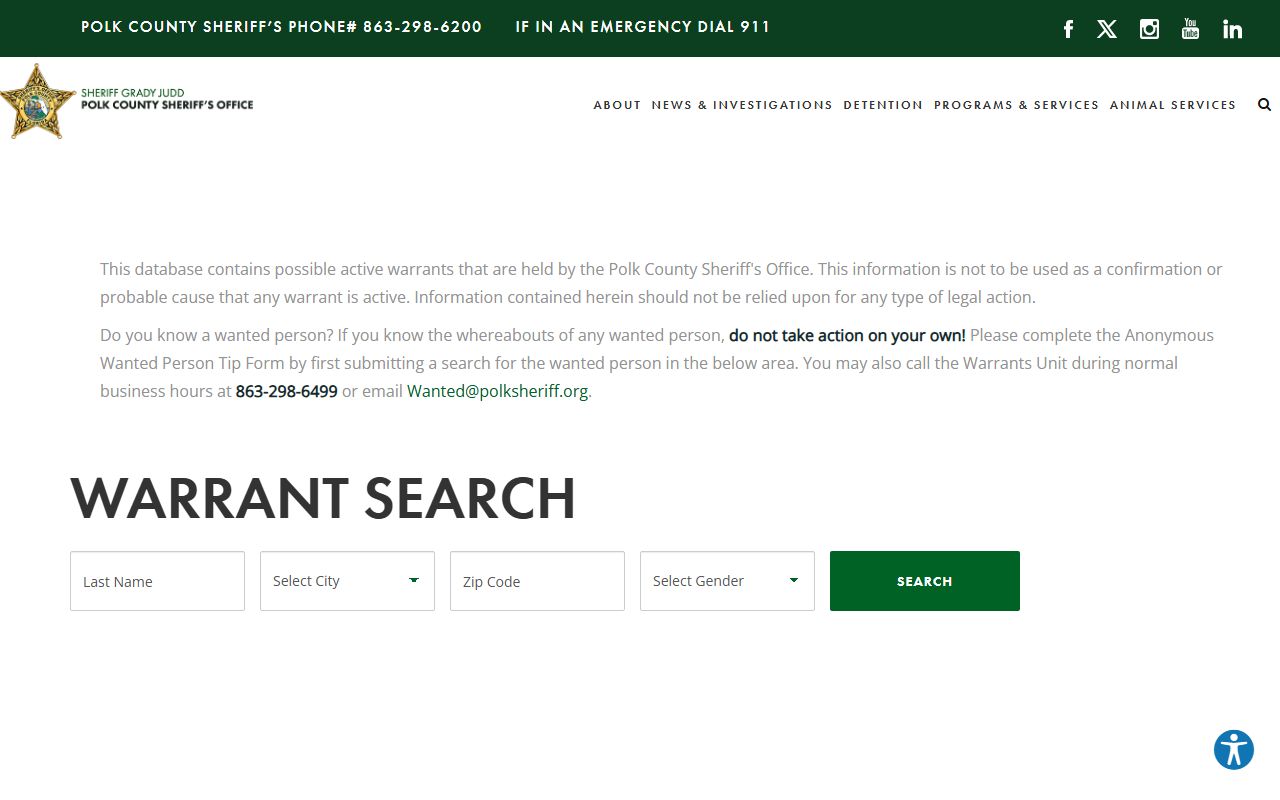 Polk County Sheriff warrants inquiry page for bench warrant searches