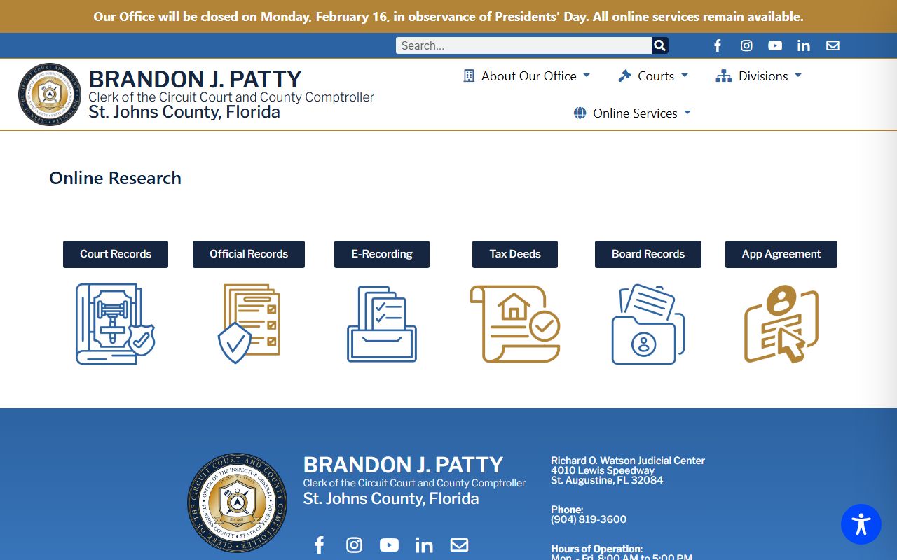 St. Johns County online research portal for bench warrant case searches